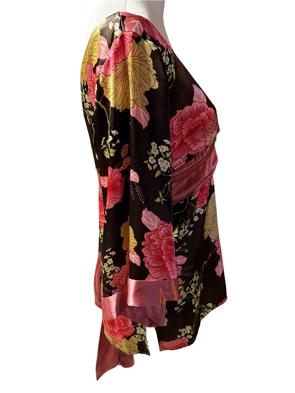 Forever 21 Brown Floral Satin Kimono V-Neck Top women’s sz Large Obi Belt - Picture 7 of 10